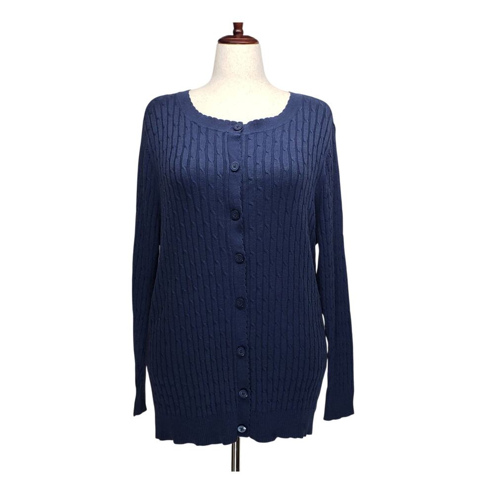 Laura Scott 2X Navy Blue Cable Knit Sweater Scalloped Neck Cardigan Cozy Y2K